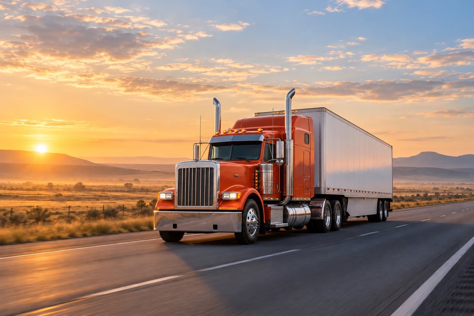 Long-nose American truck with a white 53 ft dry van on a highway
