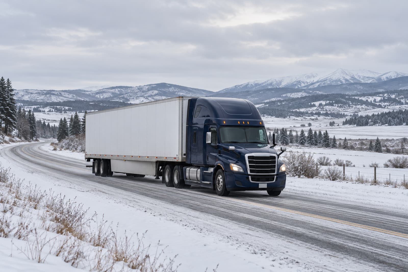 Truck with a white dry van on a snowy highway